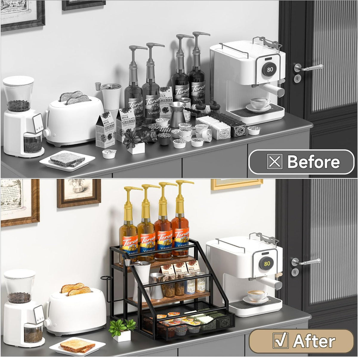 Coffee Syrup Rack Organizer, Spice Racks, Syrup Bottle Holder Stand for Coffee Bar, 3-Tier 12 Bottles Storage Shelves for Syrup, Wine, Dressing for Kitchen Countertop, Rustic Brown & Black
