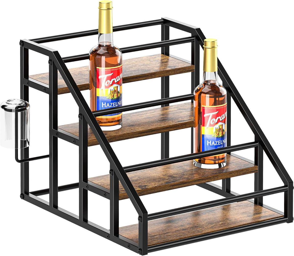 Coffee Syrup Rack Organizer, Spice Racks, Syrup Bottle Holder Stand for Coffee Bar, 3-Tier 12 Bottles Storage Shelves for Syrup, Wine, Dressing for Kitchen Countertop, Rustic Brown & Black