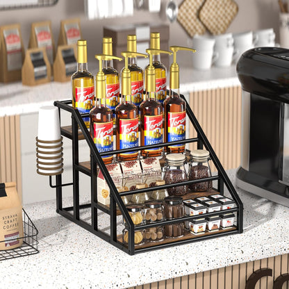 Coffee Syrup Rack Organizer, Spice Racks, Syrup Bottle Holder Stand for Coffee Bar, 3-Tier 12 Bottles Storage Shelves for Syrup, Wine, Dressing for Kitchen Countertop, Rustic Brown & Black