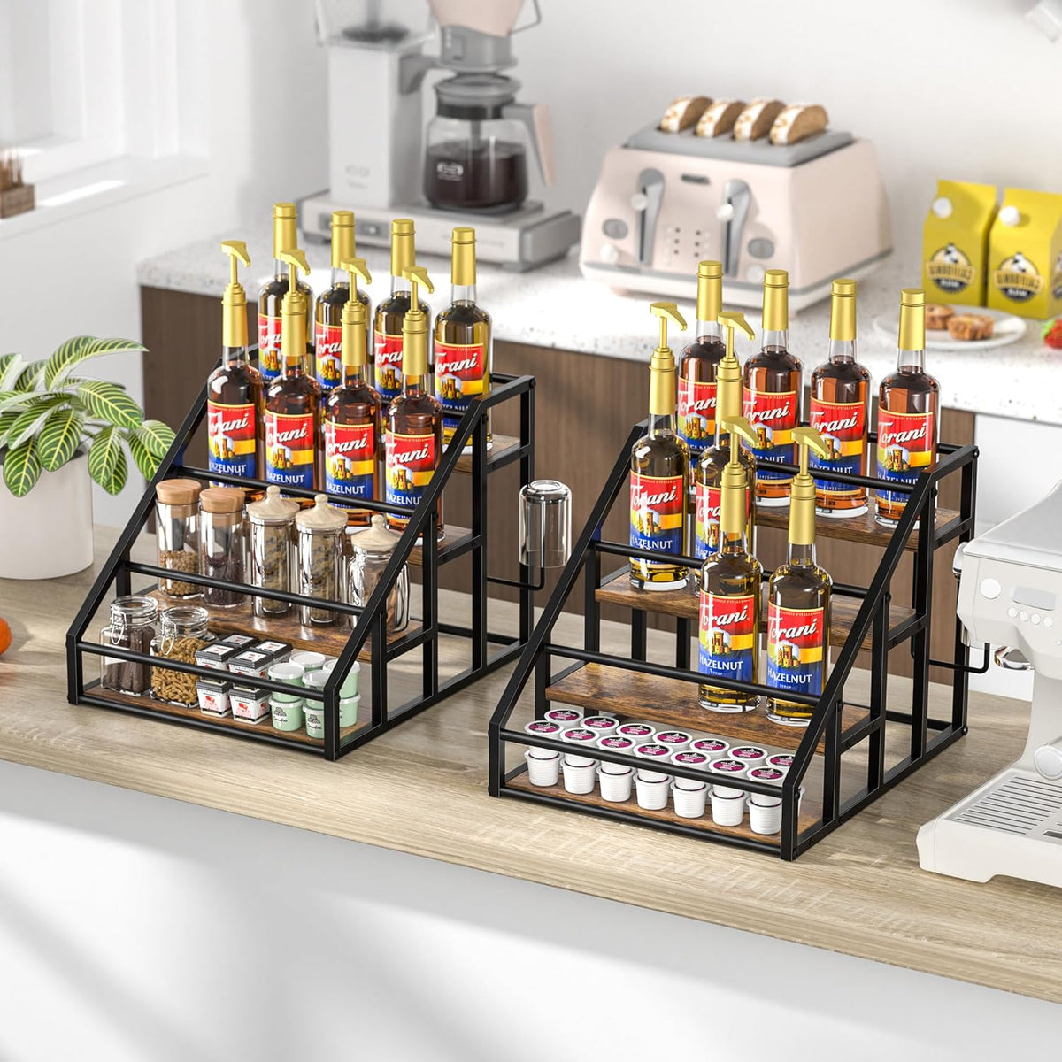 Coffee Syrup Rack Organizer, Spice Racks, Syrup Bottle Holder Stand for Coffee Bar, 3-Tier 12 Bottles Storage Shelves for Syrup, Wine, Dressing for Kitchen Countertop, Rustic Brown & Black