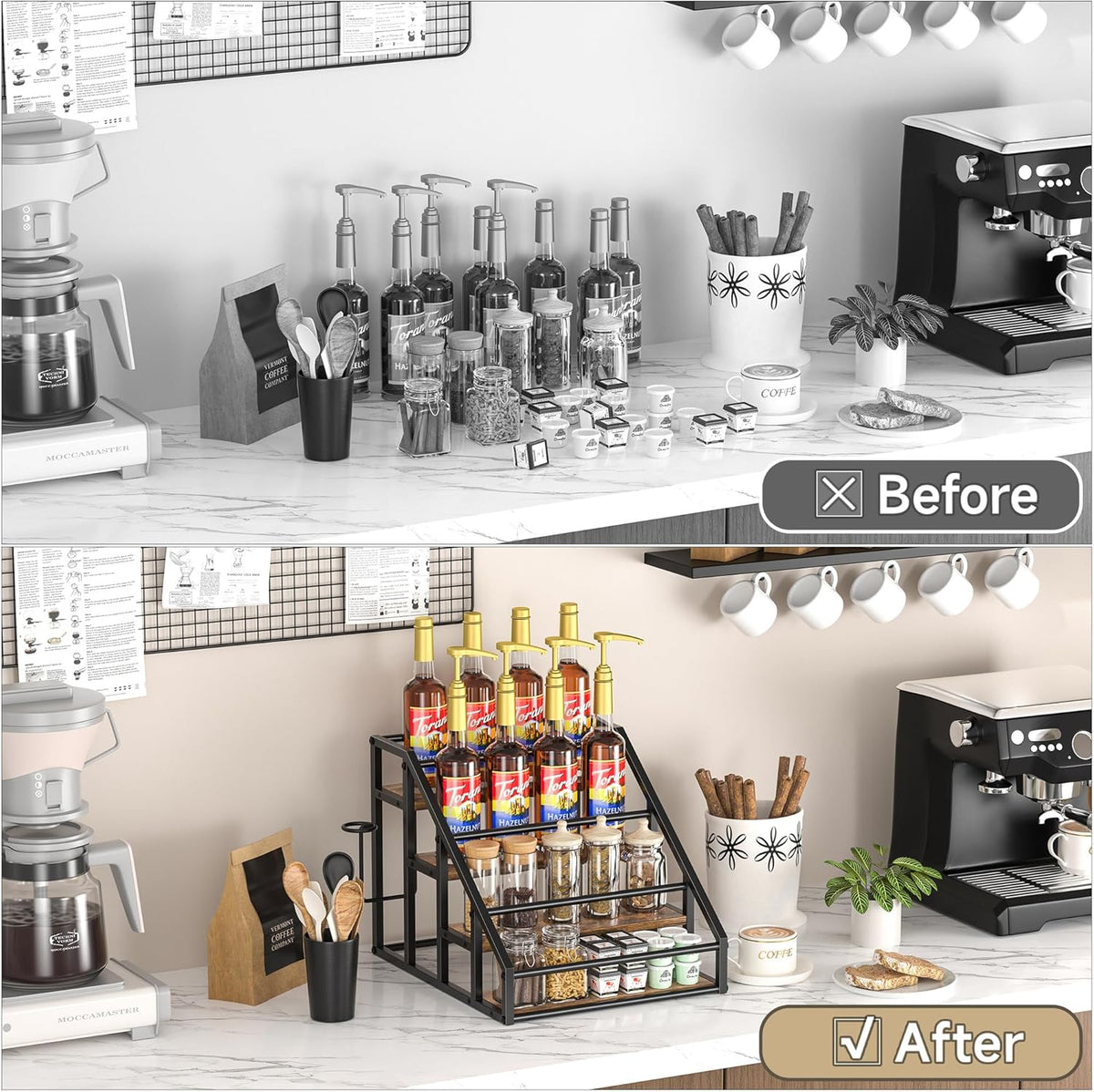 Coffee Syrup Rack Organizer, Spice Racks, Syrup Bottle Holder Stand for Coffee Bar, 3-Tier 12 Bottles Storage Shelves for Syrup, Wine, Dressing for Kitchen Countertop, Rustic Brown & Black