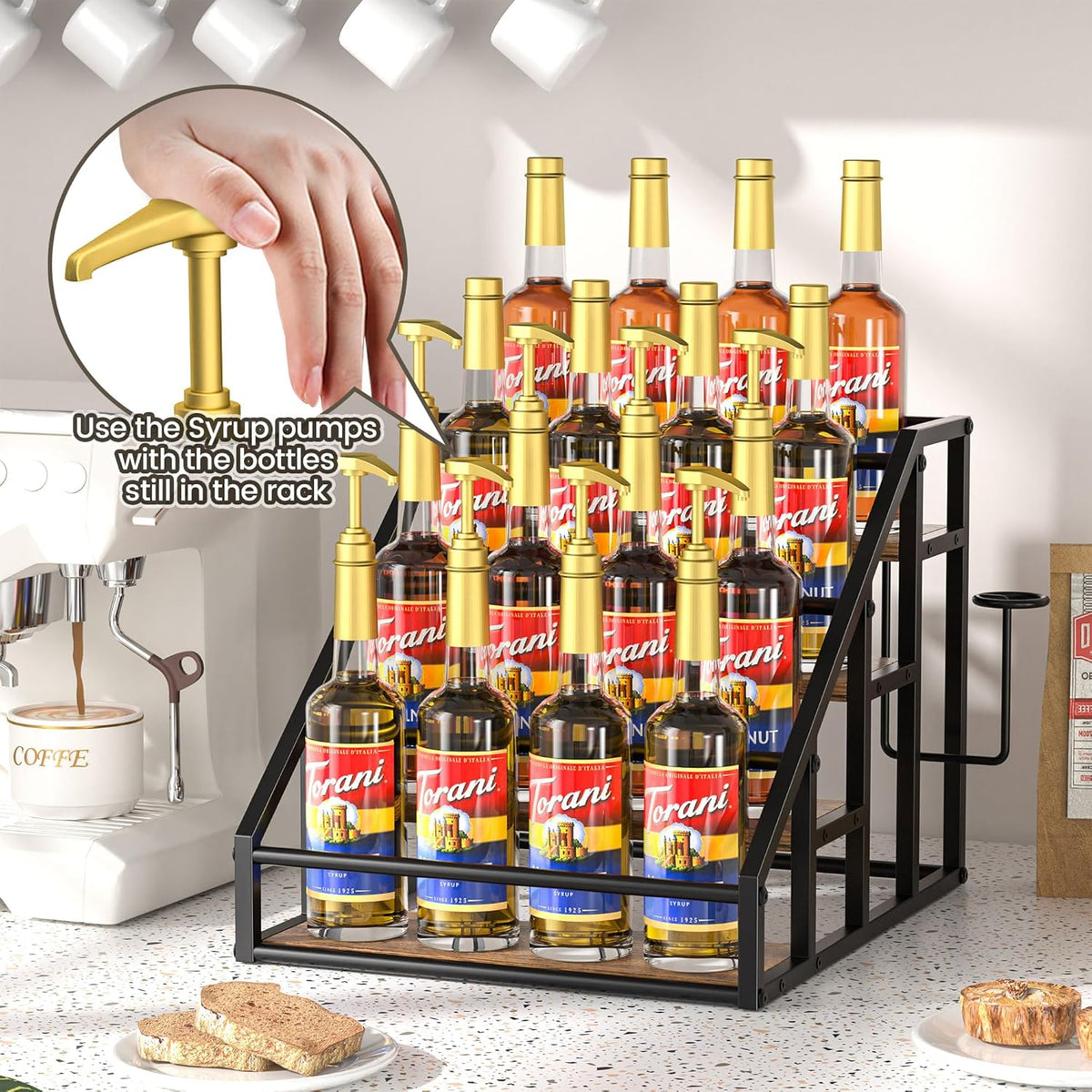 Coffee Syrup Rack Organizer, Spice Racks, Syrup Bottle Holder Stand for Coffee Bar, 3-Tier 12 Bottles Storage Shelves for Syrup, Wine, Dressing for Kitchen Countertop, Rustic Brown & Black
