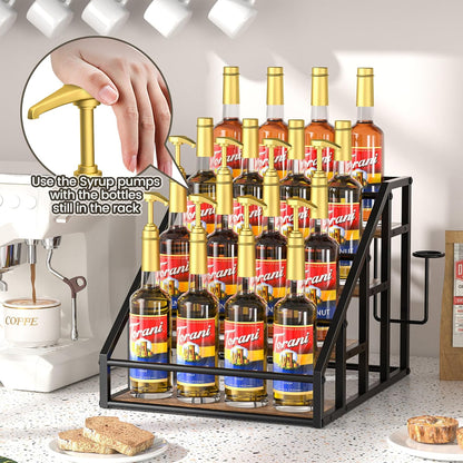 Coffee Syrup Rack Organizer, Spice Racks, Syrup Bottle Holder Stand for Coffee Bar, 3-Tier 12 Bottles Storage Shelves for Syrup, Wine, Dressing for Kitchen Countertop, Rustic Brown & Black