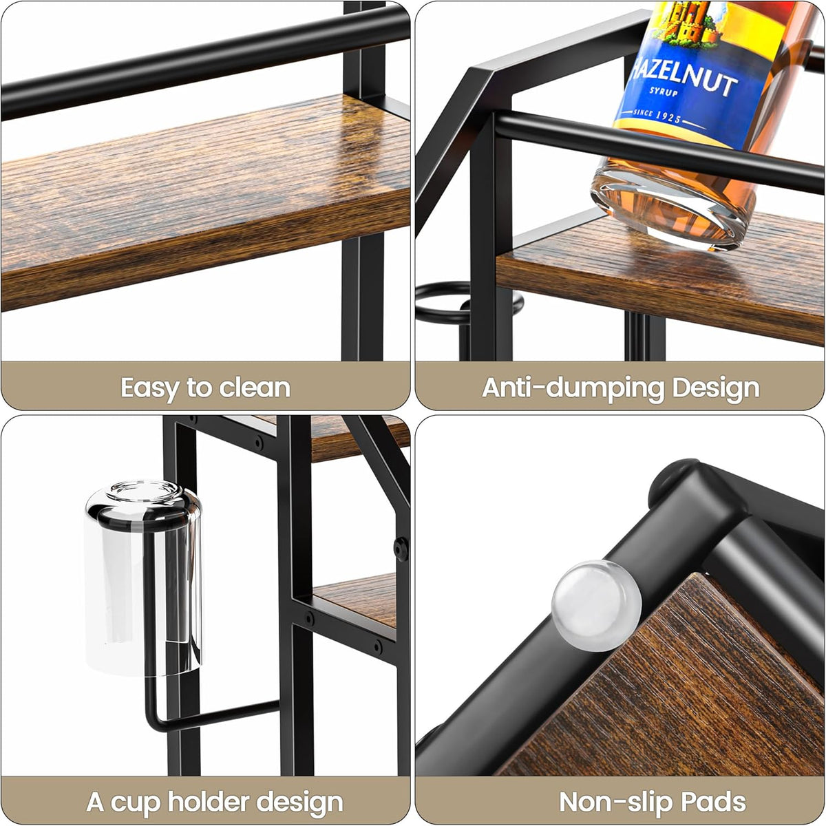 Coffee Syrup Rack Organizer, Spice Racks, Syrup Bottle Holder Stand for Coffee Bar, 3-Tier 12 Bottles Storage Shelves for Syrup, Wine, Dressing for Kitchen Countertop, Rustic Brown & Black