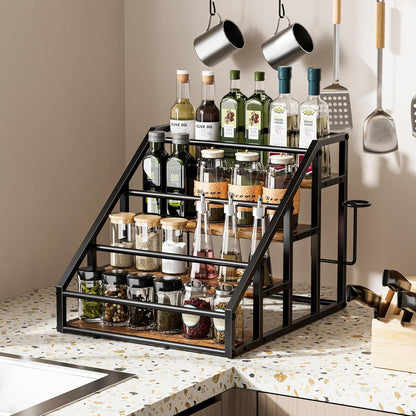 Coffee Syrup Rack Organizer, Spice Racks, Syrup Bottle Holder Stand for Coffee Bar, 3-Tier 12 Bottles Storage Shelves for Syrup, Wine, Dressing for Kitchen Countertop, Rustic Brown & Black