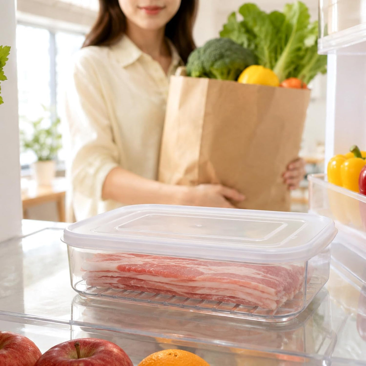Clear Cold Cuts Storage Container, Meat Container for Fridge (10x7Inch) | Bacon Keeper, Ham and Cheese Storage Box, Lunch Meat Organizer, Plastic Airtight Deli Meat, Food Storage Container