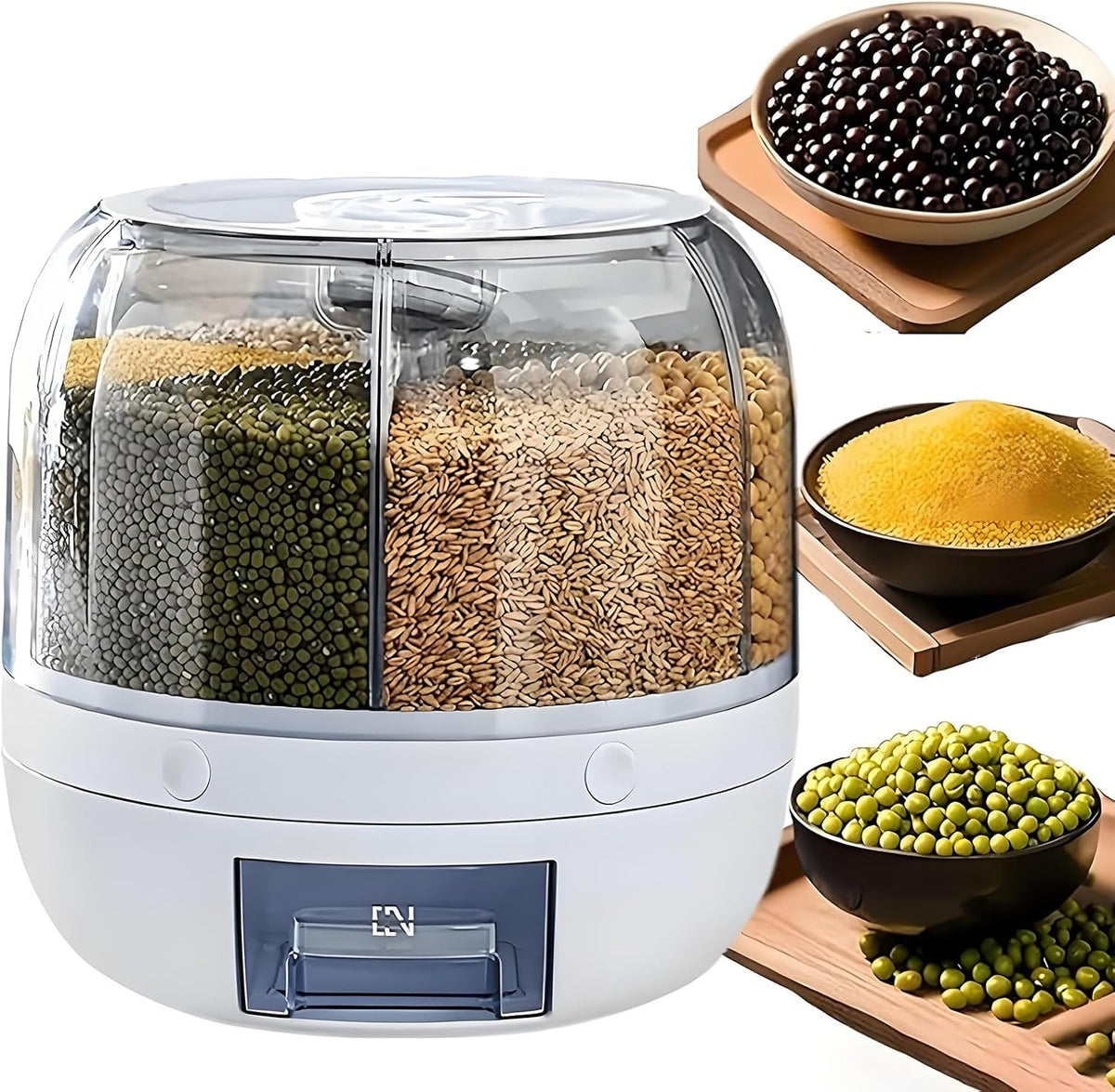 Rotating Grain Storage Bin 6 Grids Rice Container One-Click Output Large Capacity Food Dispenser For Rice Grains Sealed Moisture Proof Organizer (Grey) (Large)