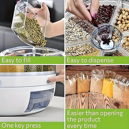 Rotating Grain Storage Bin 6 Grids Rice Container One-Click Output Large Capacity Food Dispenser For Rice Grains Sealed Moisture Proof Organizer (Grey) (Large)