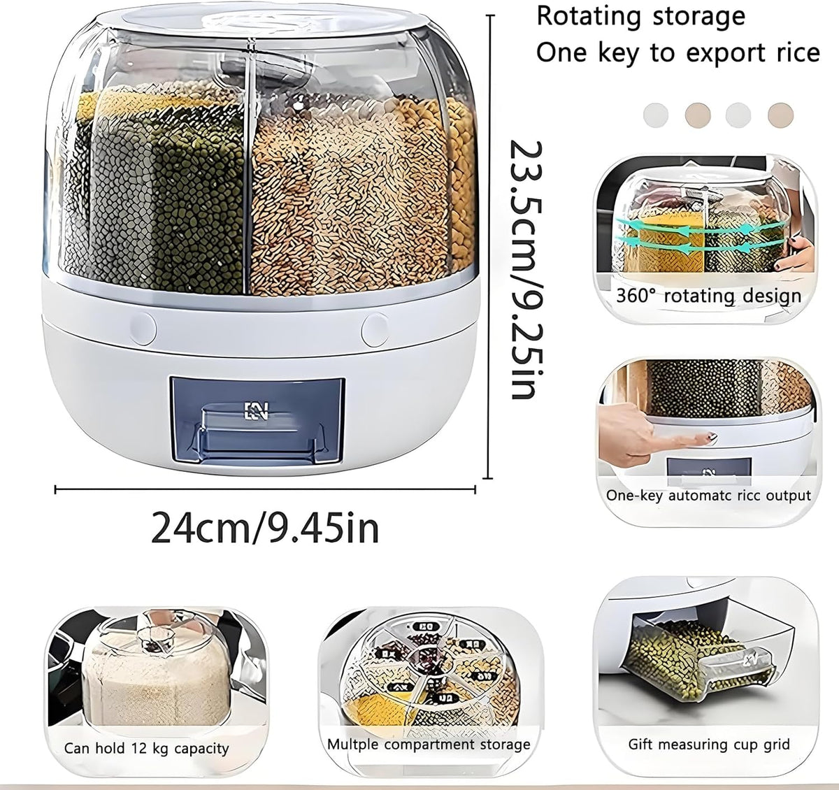 Rotating Grain Storage Bin 6 Grids Rice Container One-Click Output Large Capacity Food Dispenser For Rice Grains Sealed Moisture Proof Organizer (Grey) (Large)