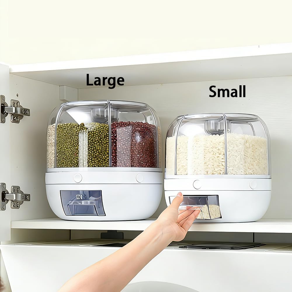 Rotating Grain Storage Bin 6 Grids Rice Container One-Click Output Large Capacity Food Dispenser For Rice Grains Sealed Moisture Proof Organizer (Grey) (Large)