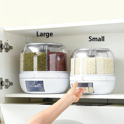 Rotating Grain Storage Bin 6 Grids Rice Container One-Click Output Large Capacity Food Dispenser For Rice Grains Sealed Moisture Proof Organizer (Grey) (Large)