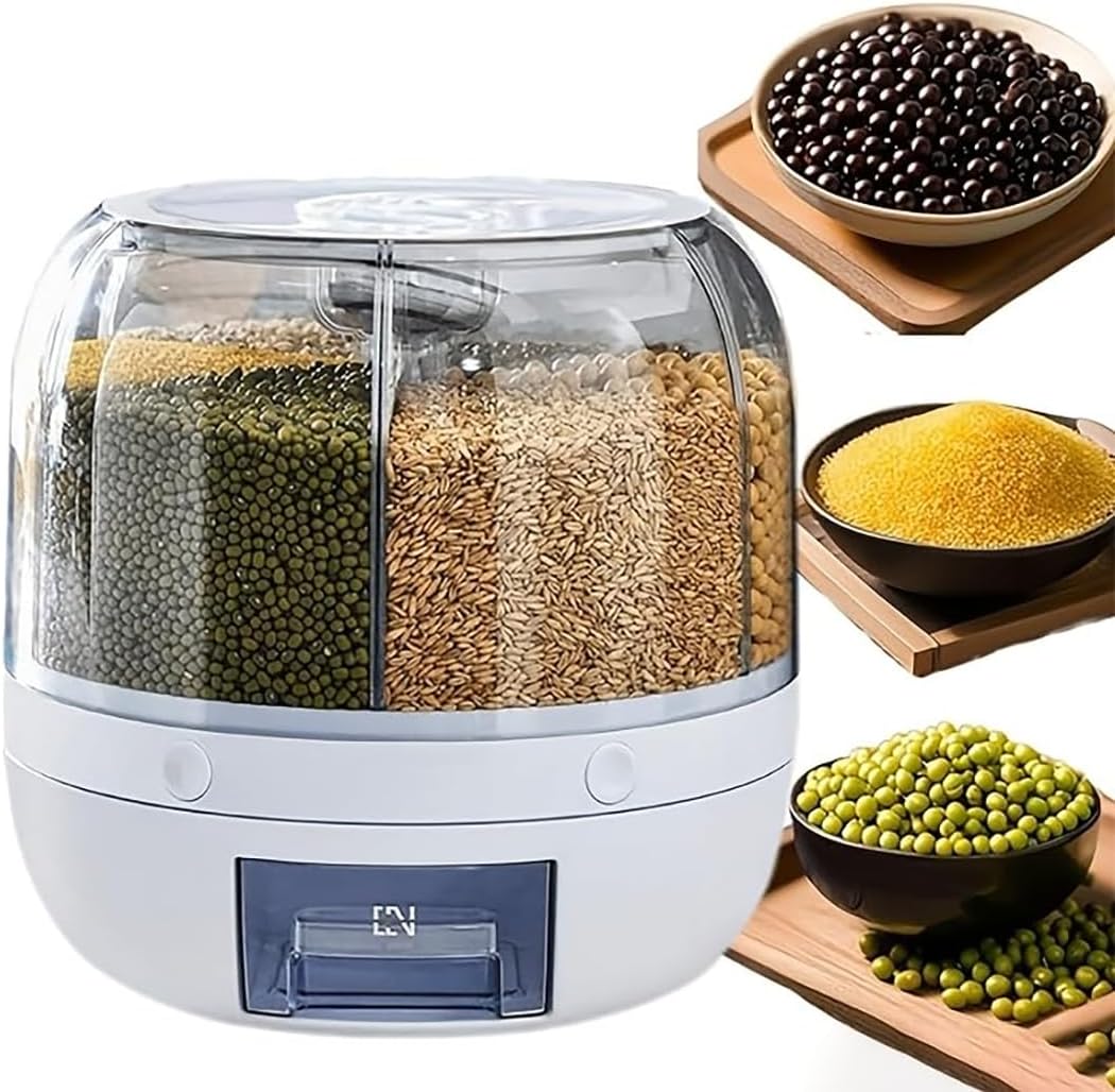 Rotating Grain Storage Bin 6 Grids Rice Container One-Click Output Large Capacity Food Dispenser For Rice Grains Sealed Moisture Proof Organizer (Grey) (Large)