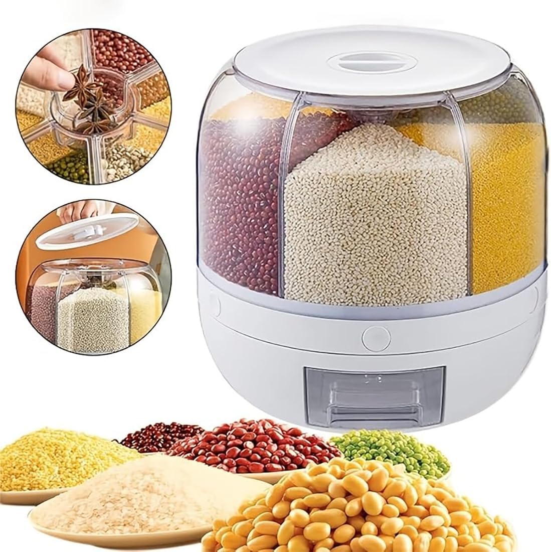 Rotating Grain Storage Bin 6 Grids Rice Container One-Click Output Large Capacity Food Dispenser For Rice Grains Sealed Moisture Proof Organizer (Grey) (Large)