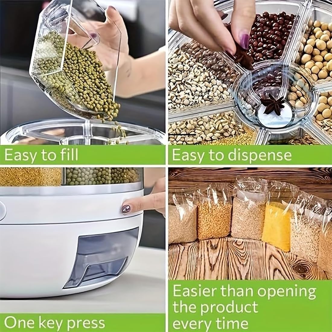 Rotating Grain Storage Bin 6 Grids Rice Container One-Click Output Large Capacity Food Dispenser For Rice Grains Sealed Moisture Proof Organizer (Grey) (Large)