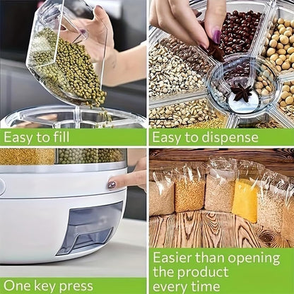 Rotating Grain Storage Bin 6 Grids Rice Container One-Click Output Large Capacity Food Dispenser For Rice Grains Sealed Moisture Proof Organizer (Grey) (Large)