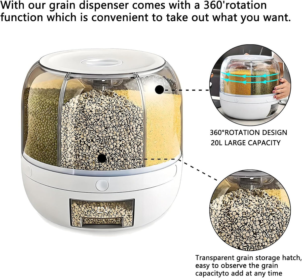 Rotating Grain Storage Bin 6 Grids Rice Container One-Click Output Large Capacity Food Dispenser For Rice Grains Sealed Moisture Proof Organizer (Grey) (Large)