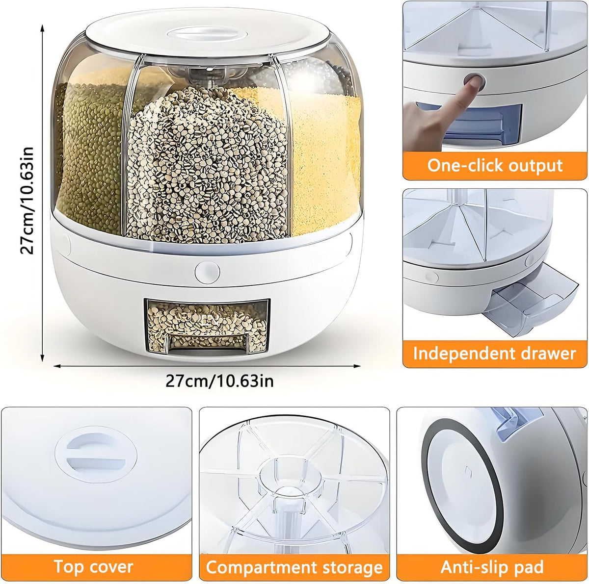 Rotating Grain Storage Bin 6 Grids Rice Container One-Click Output Large Capacity Food Dispenser For Rice Grains Sealed Moisture Proof Organizer (Grey) (Large)