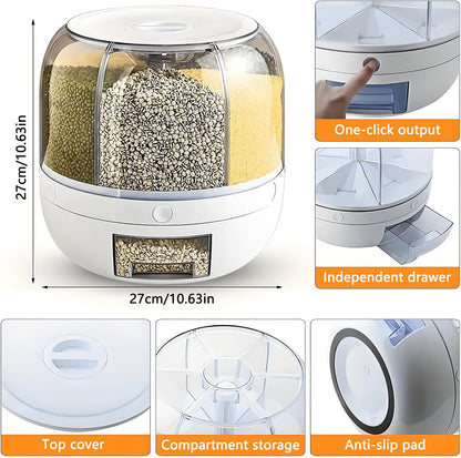 Rotating Grain Storage Bin 6 Grids Rice Container One-Click Output Large Capacity Food Dispenser For Rice Grains Sealed Moisture Proof Organizer (Grey) (Large)