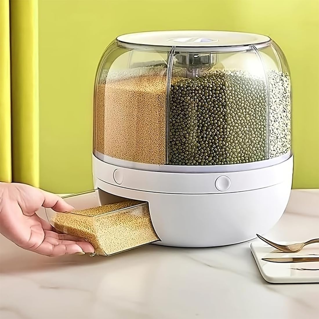 Rotating Grain Storage Bin 6 Grids Rice Container One-Click Output Large Capacity Food Dispenser For Rice Grains Sealed Moisture Proof Organizer (Grey) (Large)