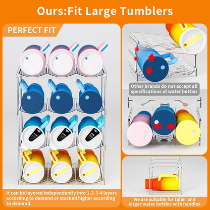 Stackable Water Bottle Organizer for Cabinet,4 Tier Water Bottle Holder for Stanley Yeti 40 oz Bottle Shelf,Clear Tumbler Storage Organizer,Wine Rack,Cup Organizer for Kitchen Cabinets Counter Pantry