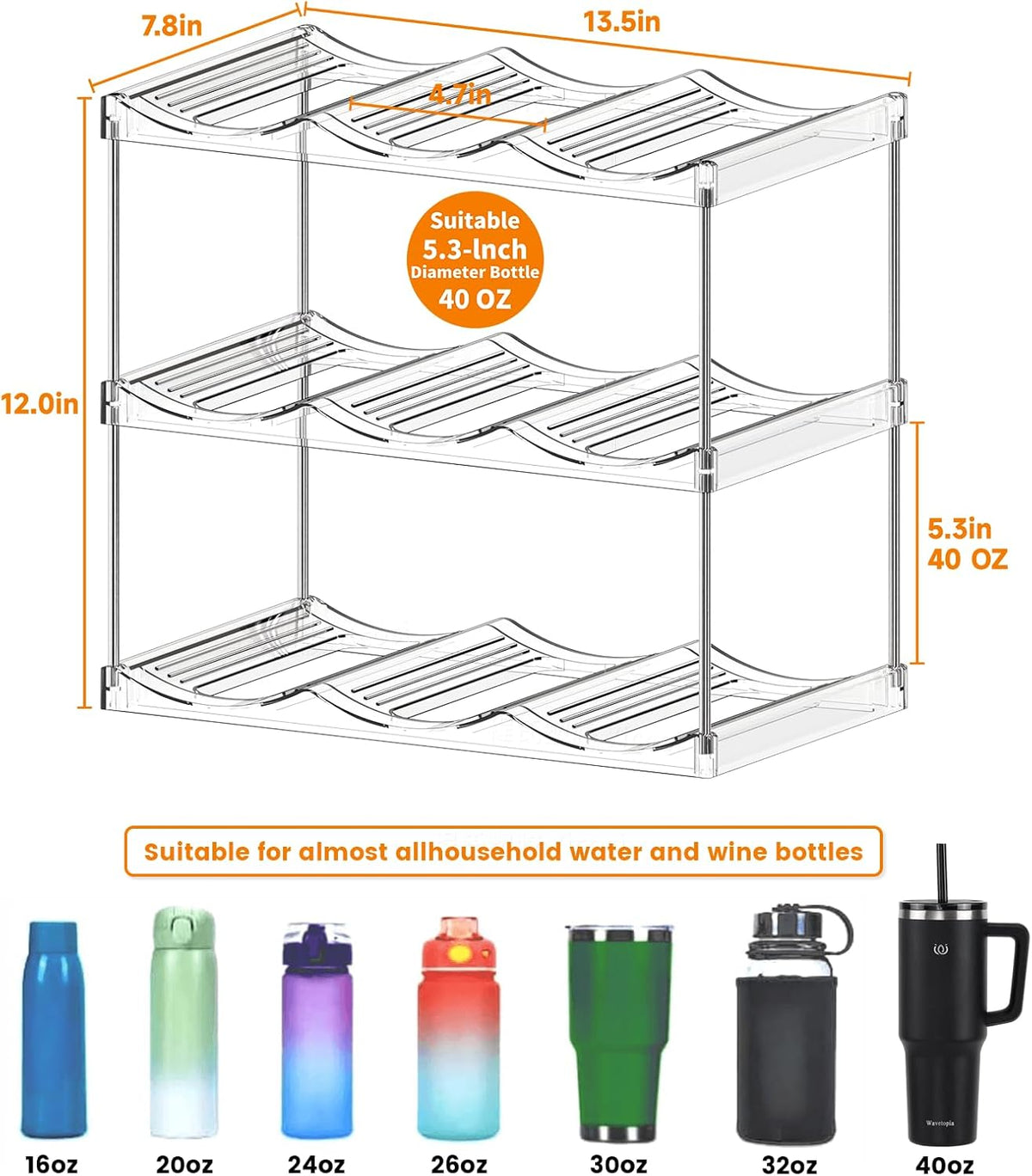 Stackable Water Bottle Organizer for Cabinet,4 Tier Water Bottle Holder for Stanley Yeti 40 oz Bottle Shelf,Clear Tumbler Storage Organizer,Wine Rack,Cup Organizer for Kitchen Cabinets Counter Pantry
