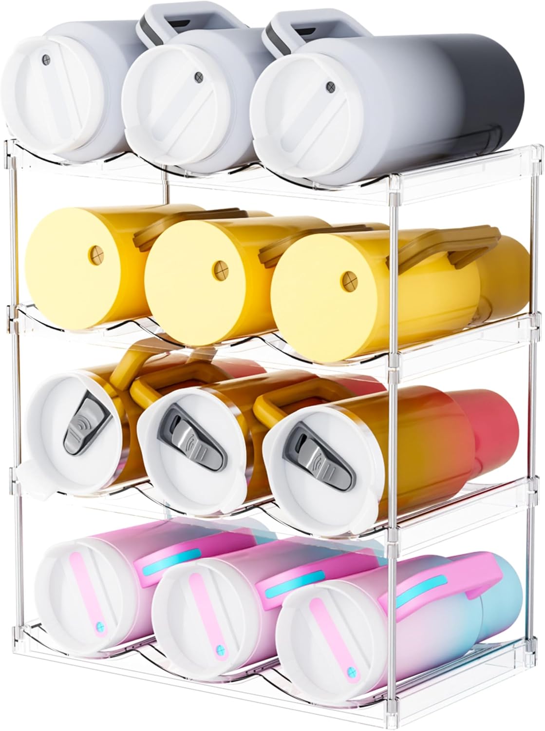 Stackable Water Bottle Organizer for Cabinet,4 Tier Water Bottle Holder for Stanley Yeti 40 oz Bottle Shelf,Clear Tumbler Storage Organizer,Wine Rack,Cup Organizer for Kitchen Cabinets Counter Pantry