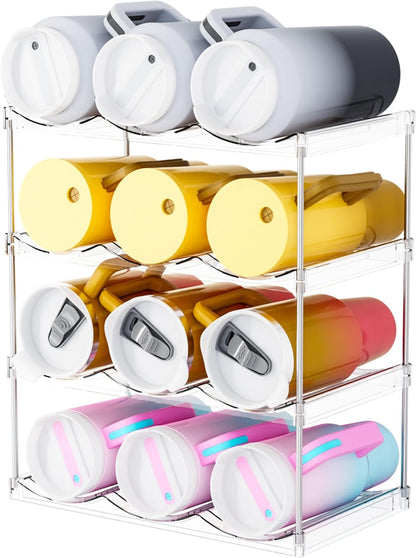 Stackable Water Bottle Organizer for Cabinet,4 Tier Water Bottle Holder for Stanley Yeti 40 oz Bottle Shelf,Clear Tumbler Storage Organizer,Wine Rack,Cup Organizer for Kitchen Cabinets Counter Pantry