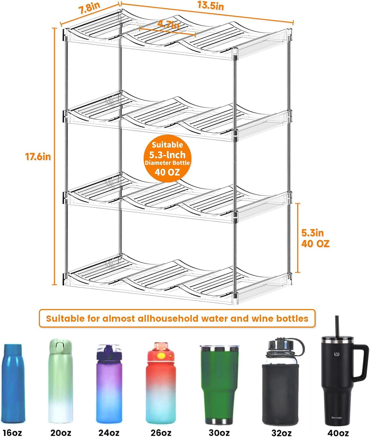 Stackable Water Bottle Organizer for Cabinet,4 Tier Water Bottle Holder for Stanley Yeti 40 oz Bottle Shelf,Clear Tumbler Storage Organizer,Wine Rack,Cup Organizer for Kitchen Cabinets Counter Pantry