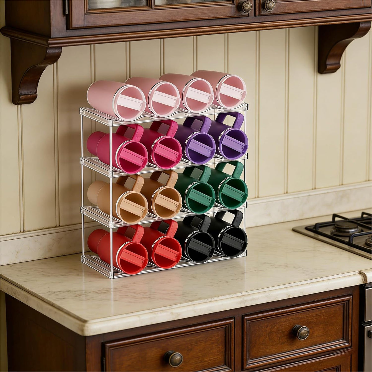 Stackable Water Bottle Organizer for Cabinet,4 Tier Water Bottle Holder for Stanley Yeti 40 oz Bottle Shelf,Clear Tumbler Storage Organizer,Wine Rack,Cup Organizer for Kitchen Cabinets Counter Pantry