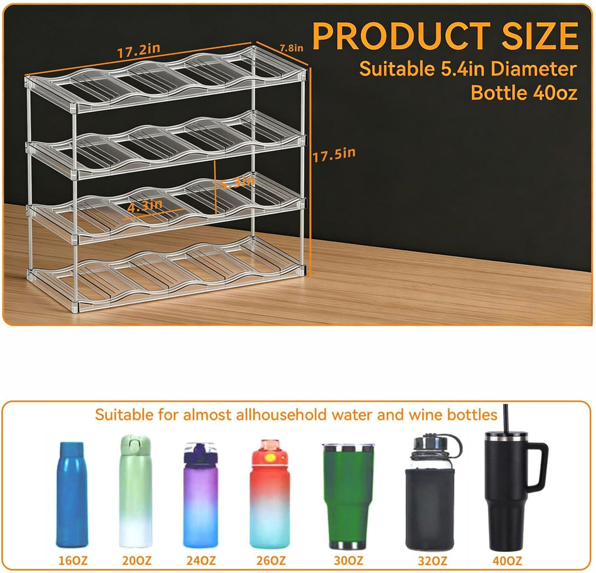 Stackable Water Bottle Organizer for Cabinet,4 Tier Water Bottle Holder for Stanley Yeti 40 oz Bottle Shelf,Clear Tumbler Storage Organizer,Wine Rack,Cup Organizer for Kitchen Cabinets Counter Pantry