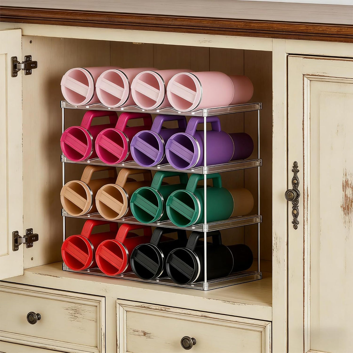 Stackable Water Bottle Organizer for Cabinet,4 Tier Water Bottle Holder for Stanley Yeti 40 oz Bottle Shelf,Clear Tumbler Storage Organizer,Wine Rack,Cup Organizer for Kitchen Cabinets Counter Pantry