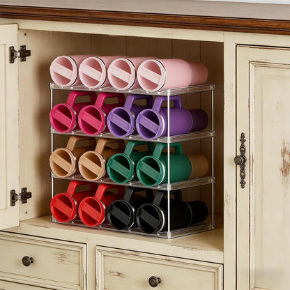 Stackable Water Bottle Organizer for Cabinet,4 Tier Water Bottle Holder for Stanley Yeti 40 oz Bottle Shelf,Clear Tumbler Storage Organizer,Wine Rack,Cup Organizer for Kitchen Cabinets Counter Pantry