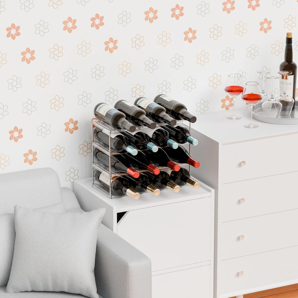 Stackable Water Bottle Organizer for Cabinet,4 Tier Water Bottle Holder for Stanley Yeti 40 oz Bottle Shelf,Clear Tumbler Storage Organizer,Wine Rack,Cup Organizer for Kitchen Cabinets Counter Pantry