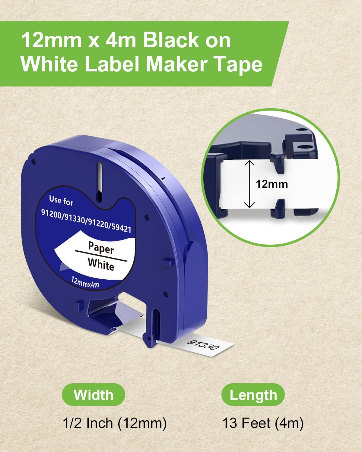 Paper Black on White Tape Compatible for DYMO Label Maker Refills 91330, Compatible for Letratag LT-100T LT-100H Refills, 1/2 inch x 13 feet (12mm x 4m)