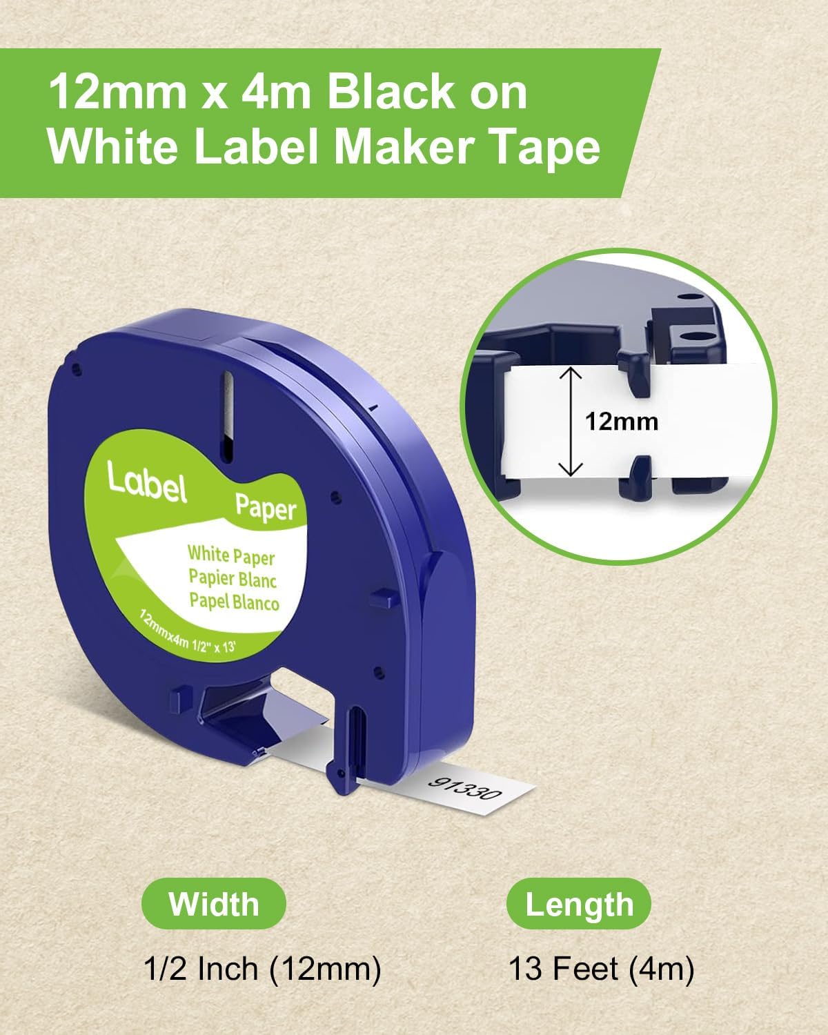 Paper Black on White Tape Compatible for DYMO Label Maker Refills 91330, Compatible for Letratag LT-100T LT-100H Refills, 1/2 inch x 13 feet (12mm x 4m)