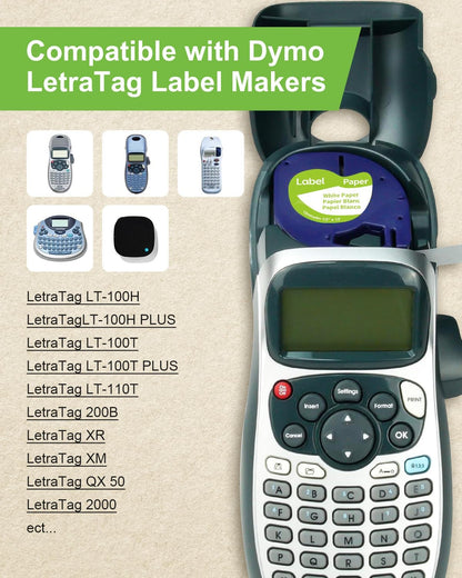 Paper Black on White Tape Compatible for DYMO Label Maker Refills 91330, Compatible for Letratag LT-100T LT-100H Refills, 1/2 inch x 13 feet (12mm x 4m)