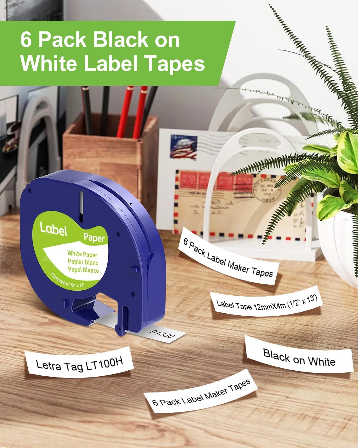 Paper Black on White Tape Compatible for DYMO Label Maker Refills 91330, Compatible for Letratag LT-100T LT-100H Refills, 1/2 inch x 13 feet (12mm x 4m)