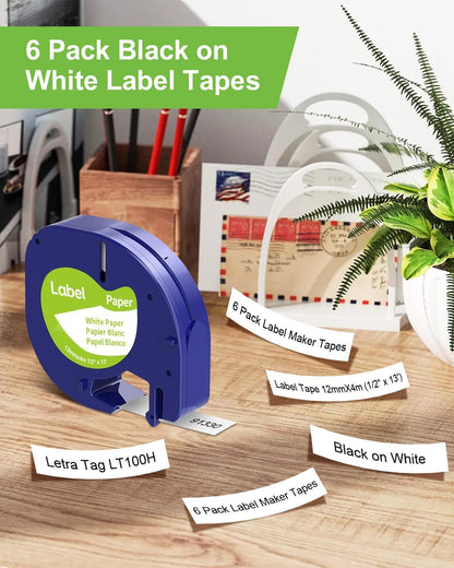 Paper Black on White Tape Compatible for DYMO Label Maker Refills 91330, Compatible for Letratag LT-100T LT-100H Refills, 1/2 inch x 13 feet (12mm x 4m)