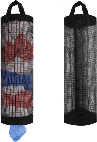 2Pc Grocery Bag Holder, Trash Bags Dispenser Organizer, Breathable Mesh Bags Black Hanging Storage Dispenser