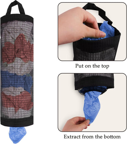 2Pc Grocery Bag Holder, Trash Bags Dispenser Organizer, Breathable Mesh Bags Black Hanging Storage Dispenser