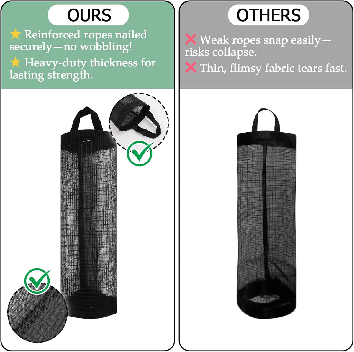 2Pc Grocery Bag Holder, Trash Bags Dispenser Organizer, Breathable Mesh Bags Black Hanging Storage Dispenser