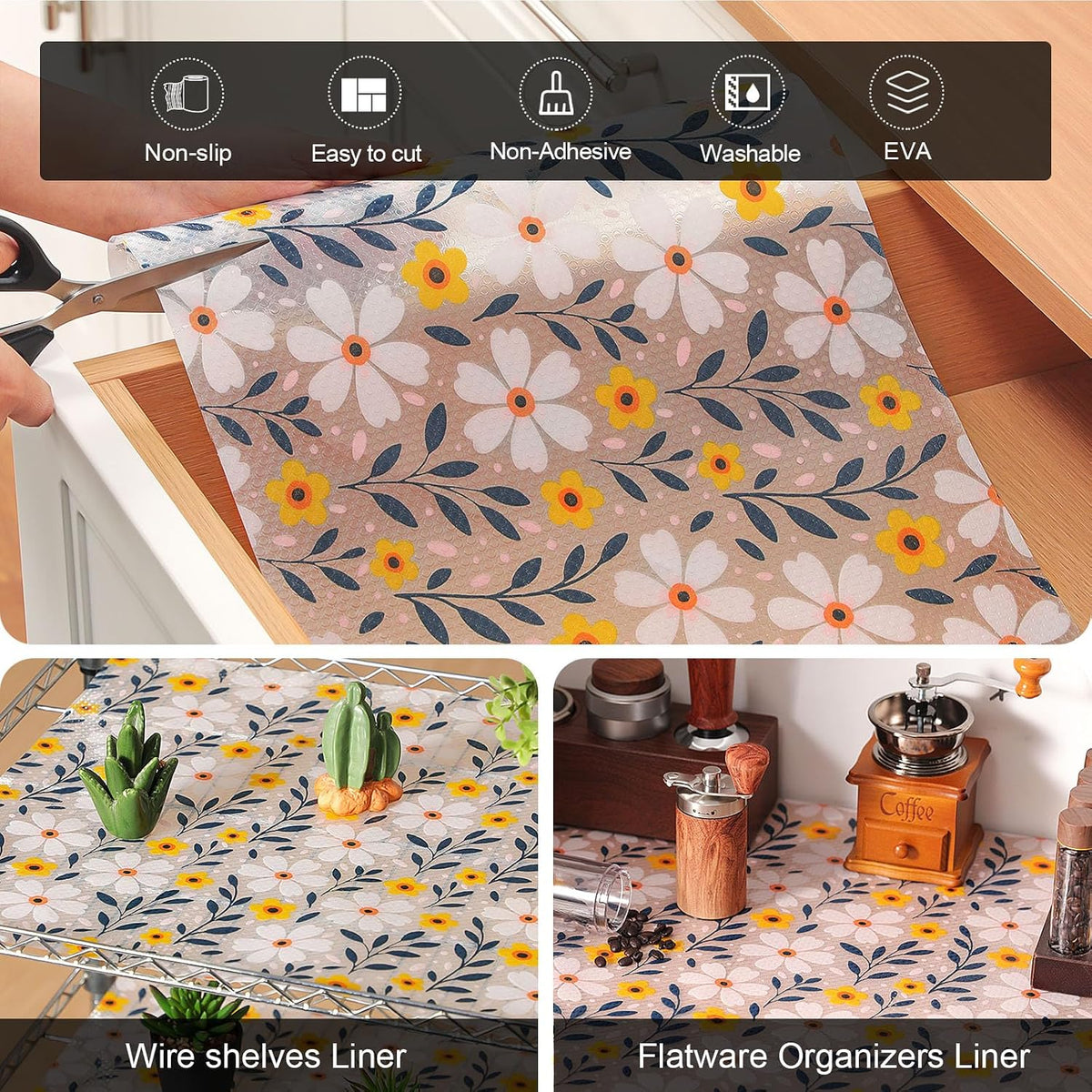 Shelf Liner – Premium Non-Adhesive Cabinet & Drawer Liner for Kitchen – Waterproof Shelf Paper with Modern Pattern – Durable EVA Cabinet Mat – Easy to Cut （11.8" W x 120" L）