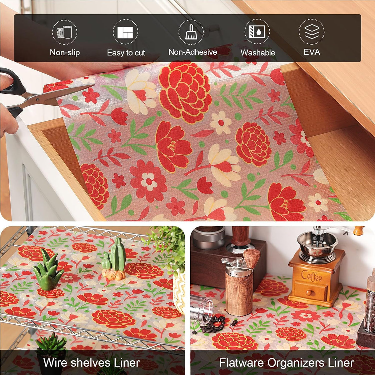 Shelf Liner – Premium Non-Adhesive Cabinet & Drawer Liner for Kitchen – Waterproof Shelf Paper with Modern Pattern – Durable EVA Cabinet Mat – Easy to Cut （11.8" W x 120" L）