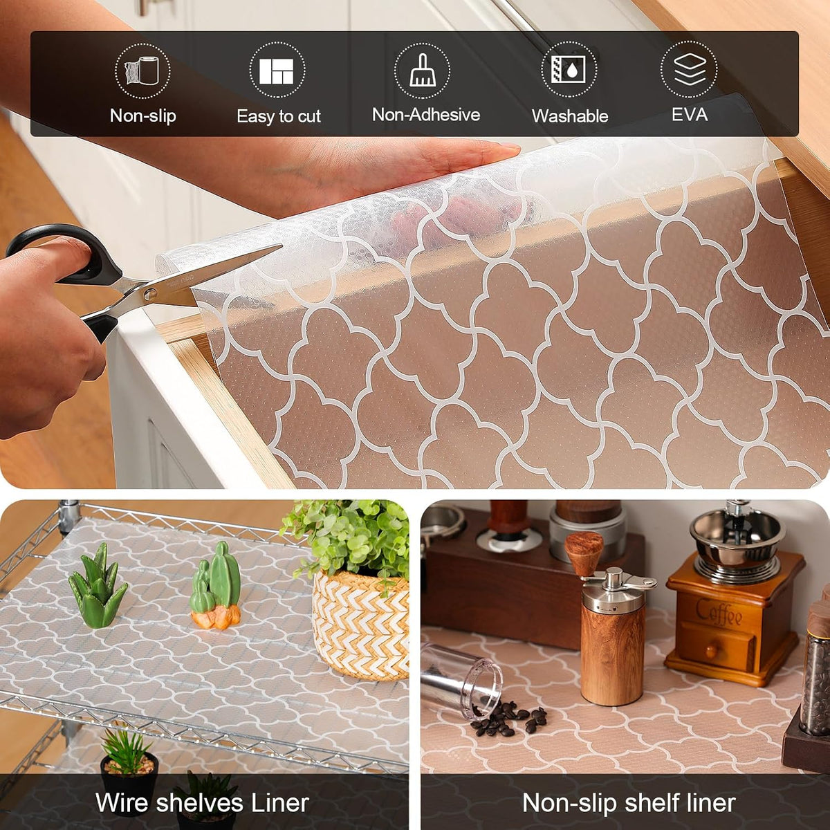 Shelf Liner – Premium Non-Adhesive Cabinet & Drawer Liner for Kitchen – Waterproof Shelf Paper with Modern Pattern – Durable EVA Cabinet Mat – Easy to Cut （11.8" W x 120" L）