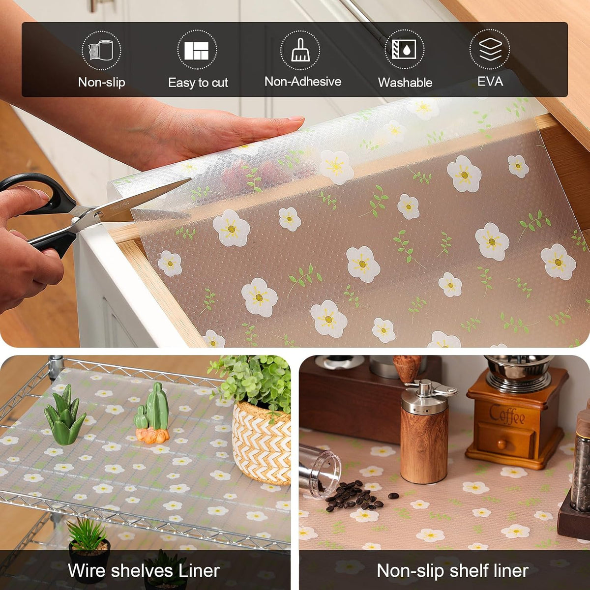 Shelf Liner – Premium Non-Adhesive Cabinet & Drawer Liner for Kitchen – Waterproof Shelf Paper with Modern Pattern – Durable EVA Cabinet Mat – Easy to Cut （11.8" W x 120" L）