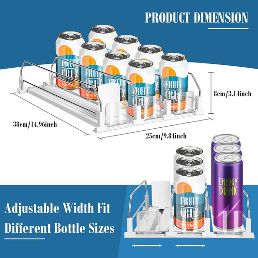 Drink Organizer for Fridge, 5 Row Automatic Pusher Glide, Adjustable Width Soda Can Dispenser for Refrigerator-Holds up to 25 Cans
