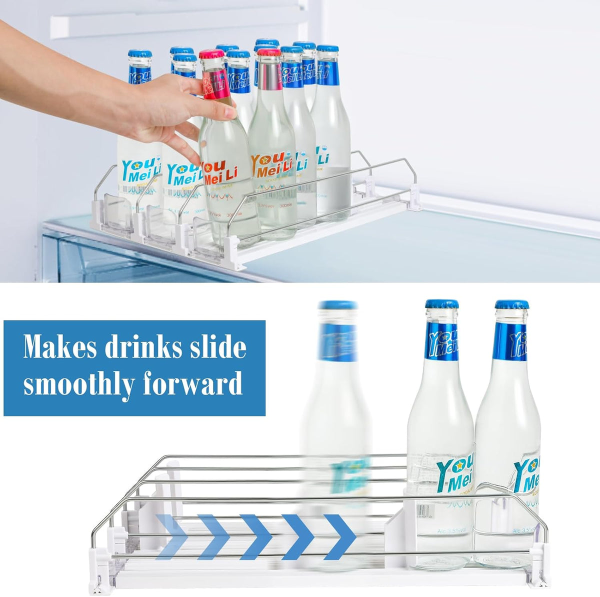 Drink Organizer for Fridge, 5 Row Automatic Pusher Glide, Adjustable Width Soda Can Dispenser for Refrigerator-Holds up to 25 Cans