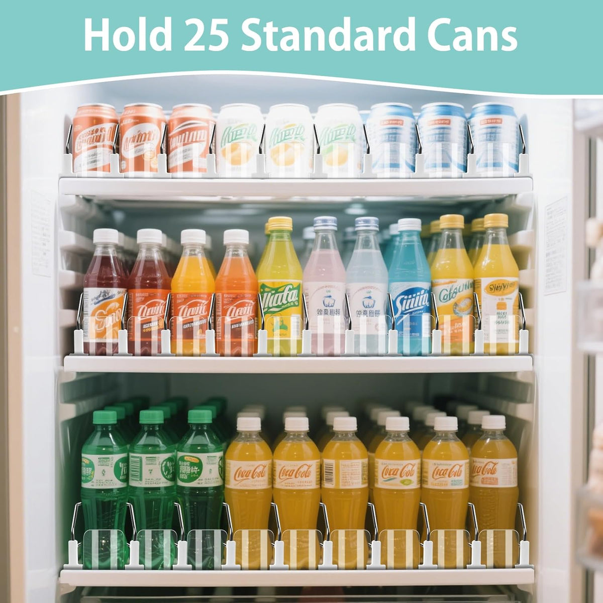 Drink Organizer for Fridge, 5 Row Automatic Pusher Glide, Adjustable Width Soda Can Dispenser for Refrigerator-Holds up to 25 Cans