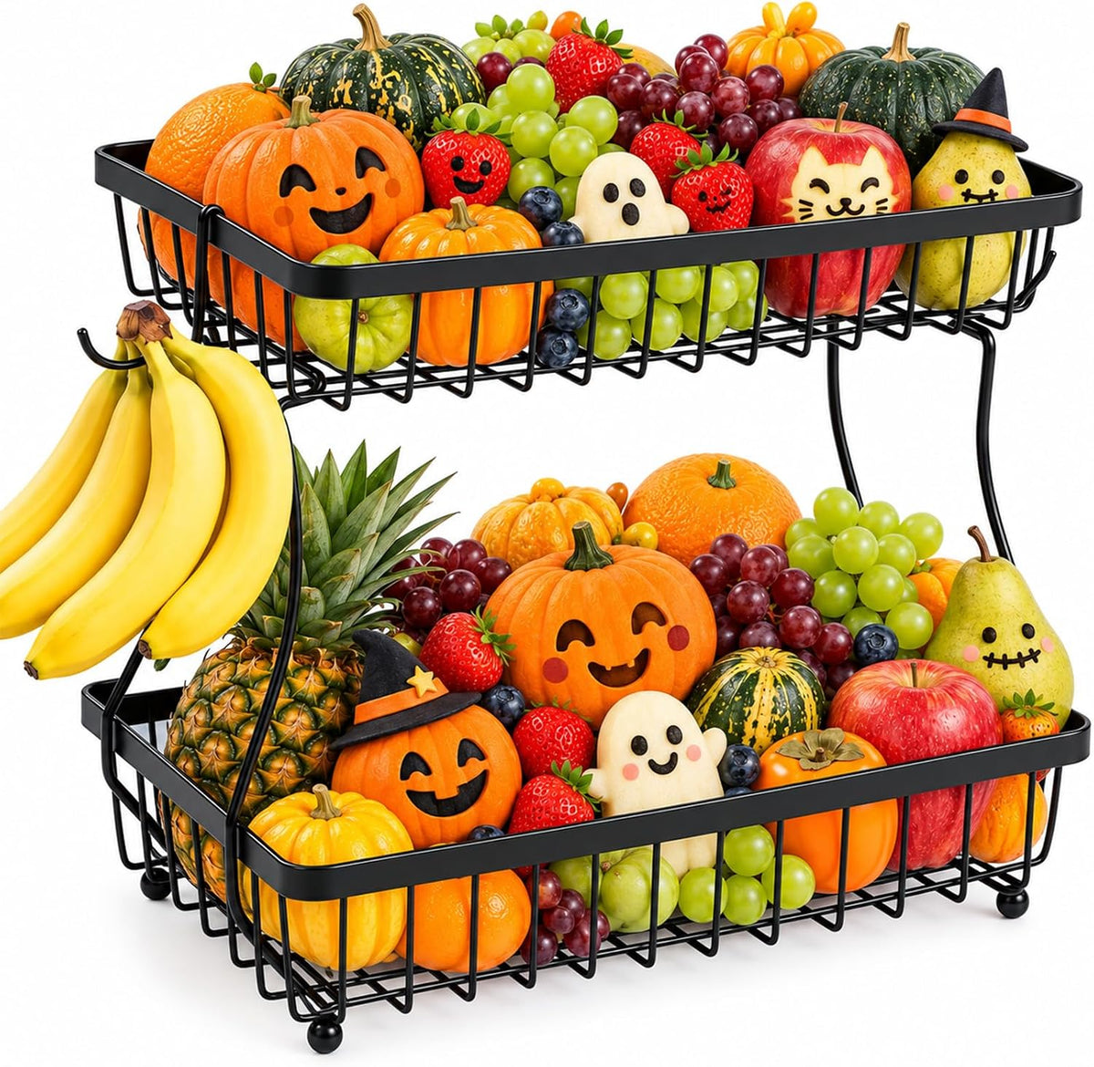 2-Tier Fruit Basket for Kitchen Counter with 2 Banana Hangers
