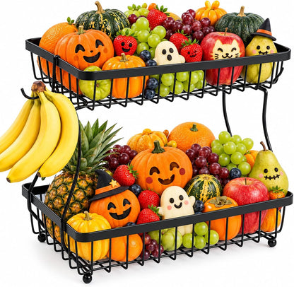 2-Tier Fruit Basket for Kitchen Counter with 2 Banana Hangers